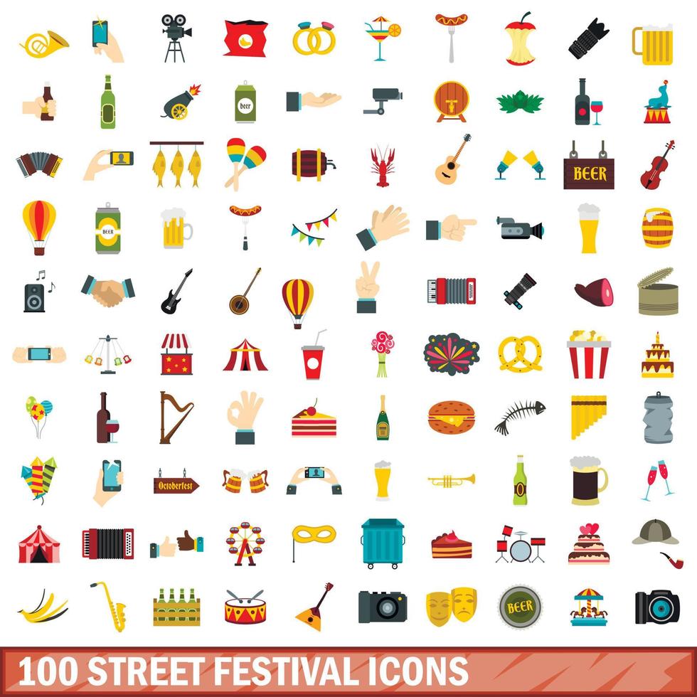 100 street festival icons set, flat style vector