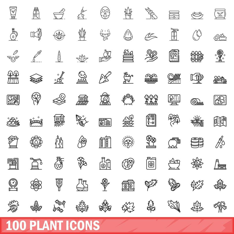 100 plant icons set, outline style vector