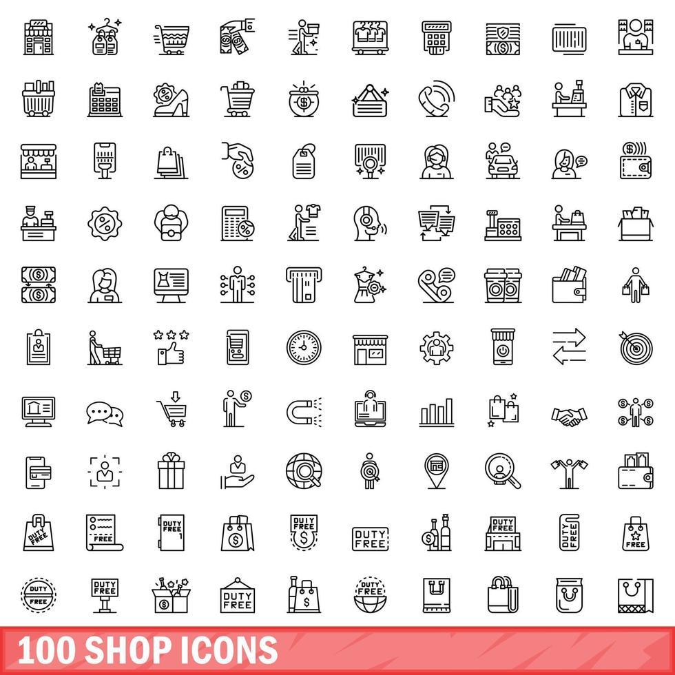 100 shop icons set, outline style vector