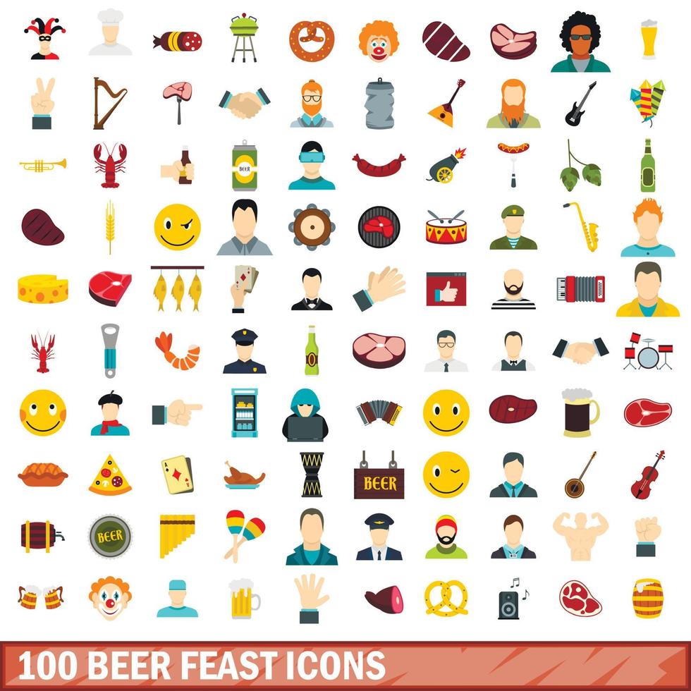 100 beer feast icons set, flat style vector