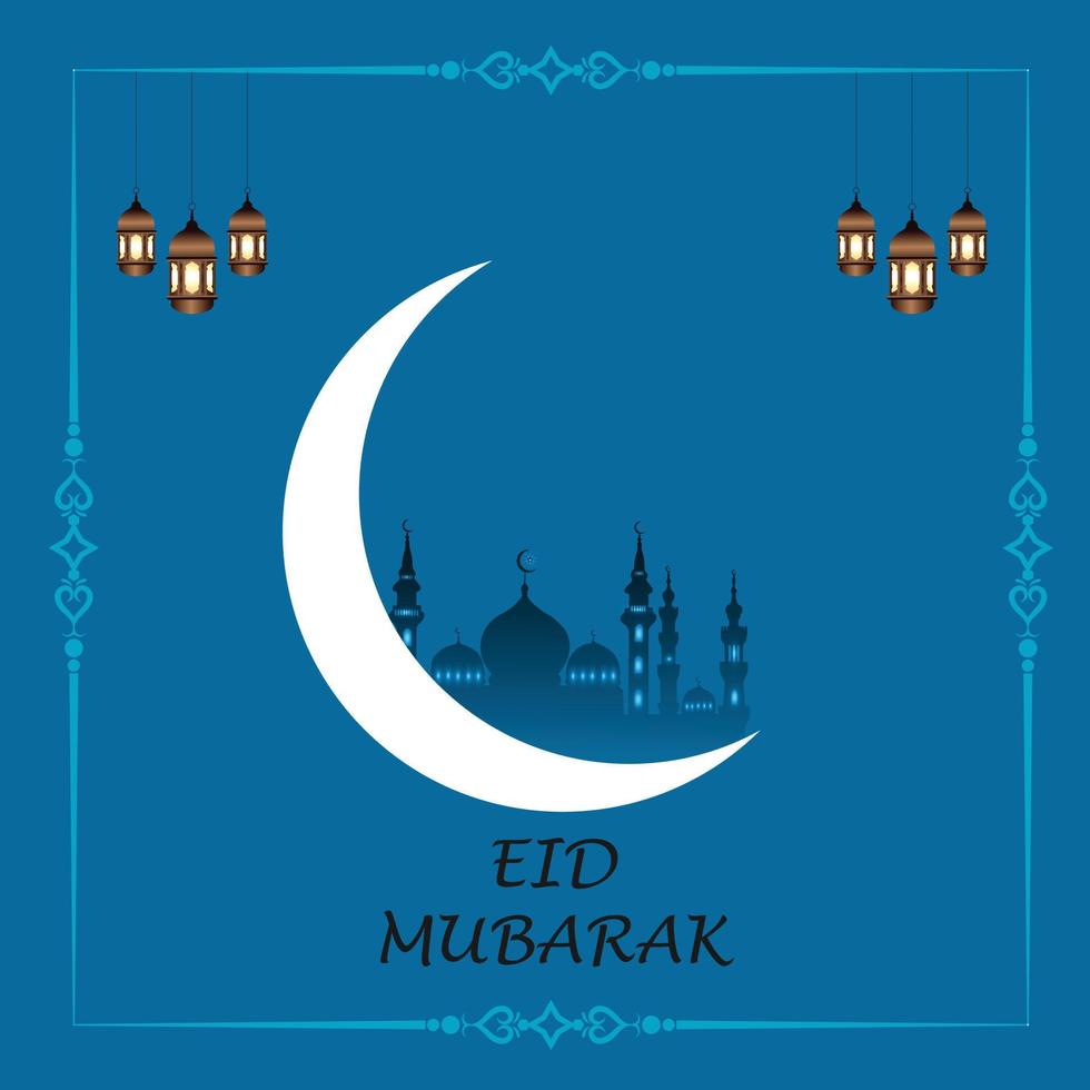 vector de eid mubarak, deseos de ramadán. fondo islámico árabe. diseño de tarjetas de felicitación, lámparas árabes. luna, mezquita, eid mubarak. publicaciones en redes sociales, plantilla de banner de redes sociales,