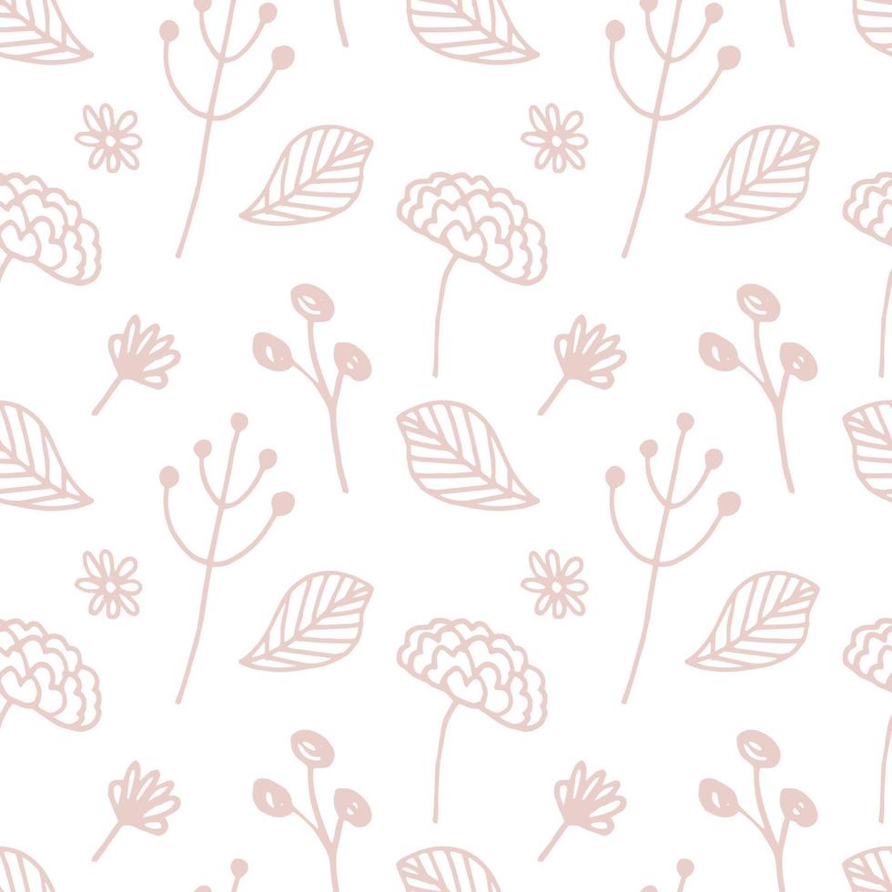 doodle plant pattern. Seamless background. Cute abstract flowers and leaves. Minimalistic design. Universal design for textiles, digital paper, cosmetics packaging. Vector illustration, hand drawn