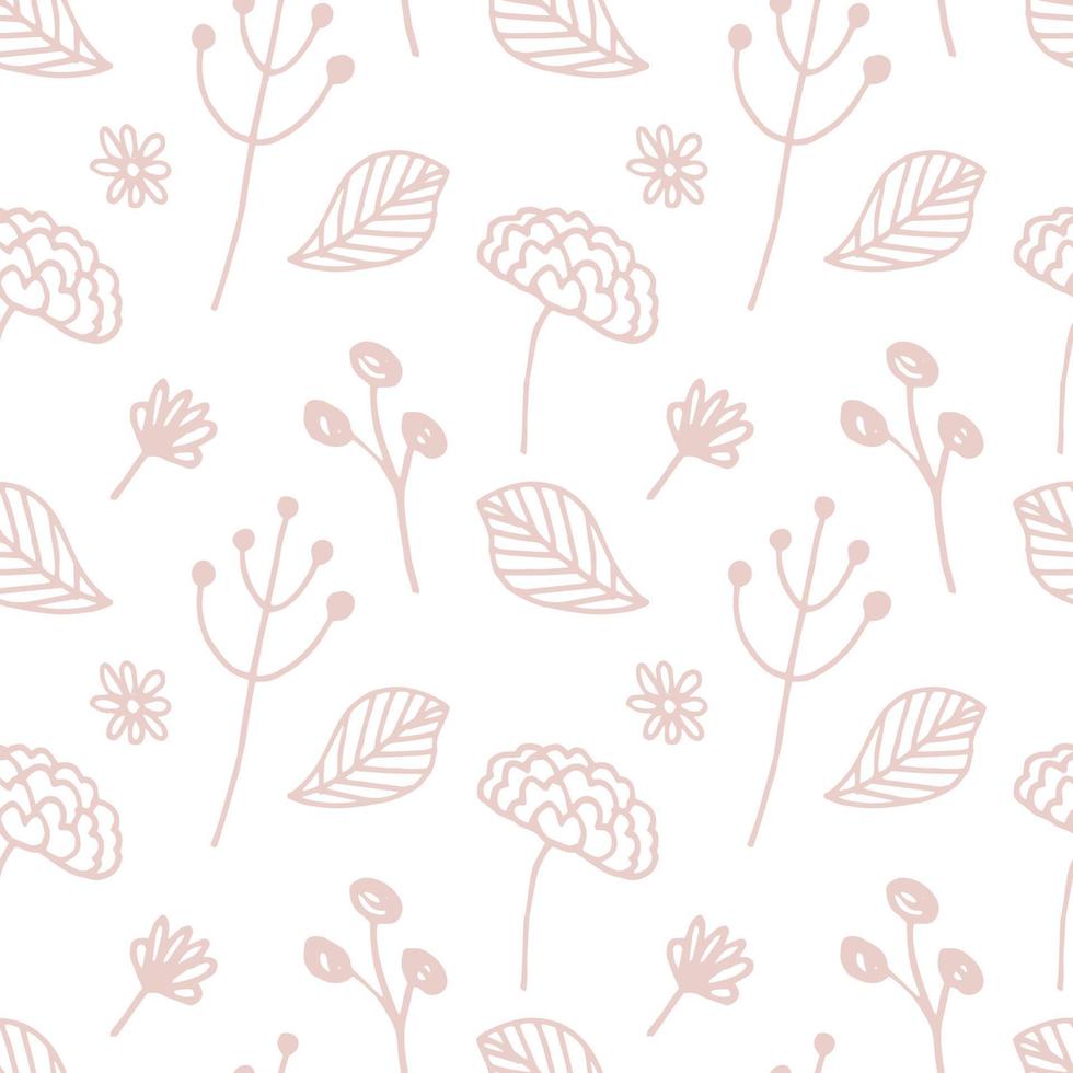 doodle plant pattern. Seamless background. Cute abstract flowers and leaves. Minimalistic design. Universal design for textiles, digital paper, cosmetics packaging. Vector illustration, hand drawn