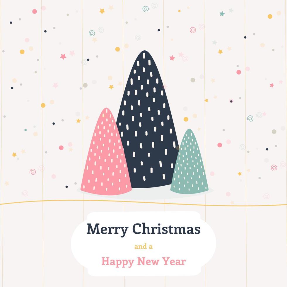 Christmas festive background. Stylized trees. Abstract snowfall. Simple postcard. Minimalistic design. Vector illustration, doodle