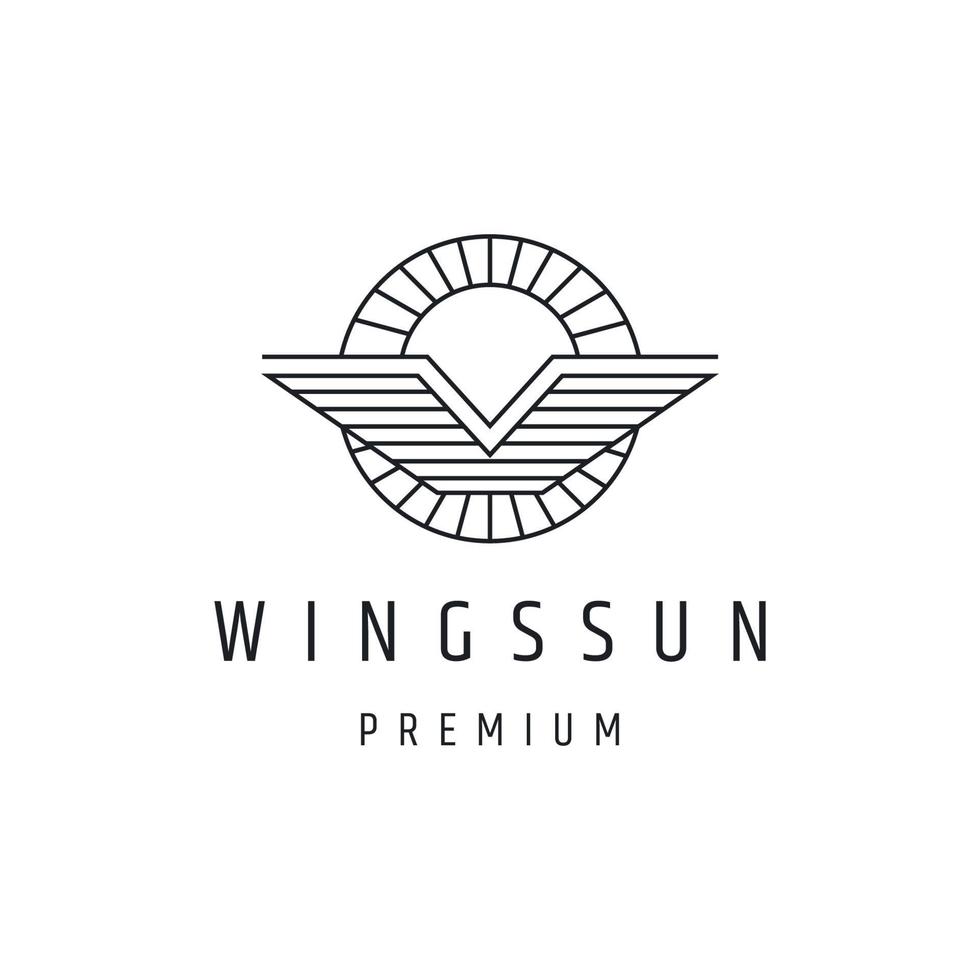 illustration of thin line wings icon with sun icon. Vector bird graphic design logo, print, label, badge, sticker, emblem, sign, identity.