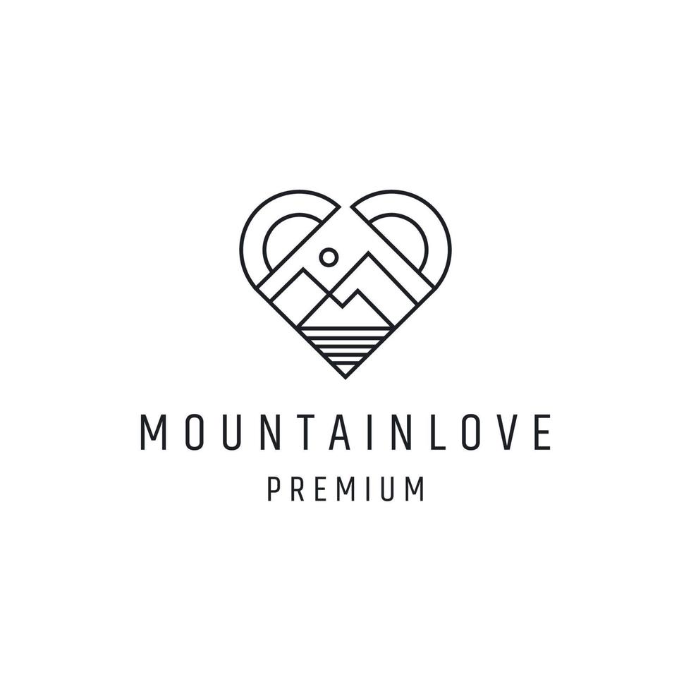 diseño de logotipo de amor de montaña con arte lineal sobre fondo blanco vector