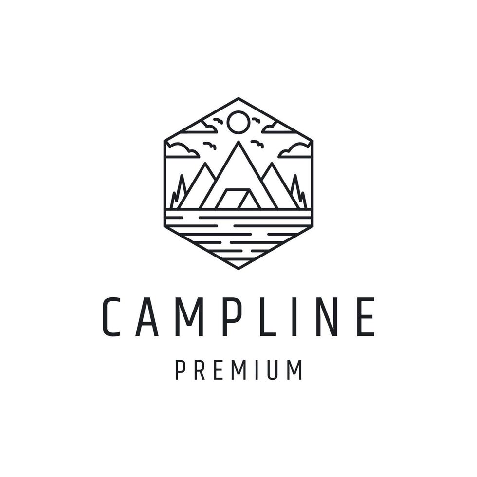 diseño de logotipo de línea de campamento con arte lineal en fondo blanco vector