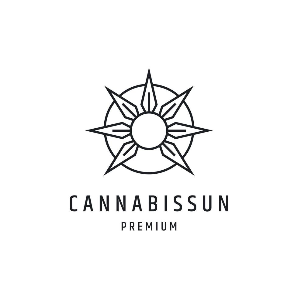 diseño de logotipo de sol de cannabis con arte lineal sobre fondo blanco vector