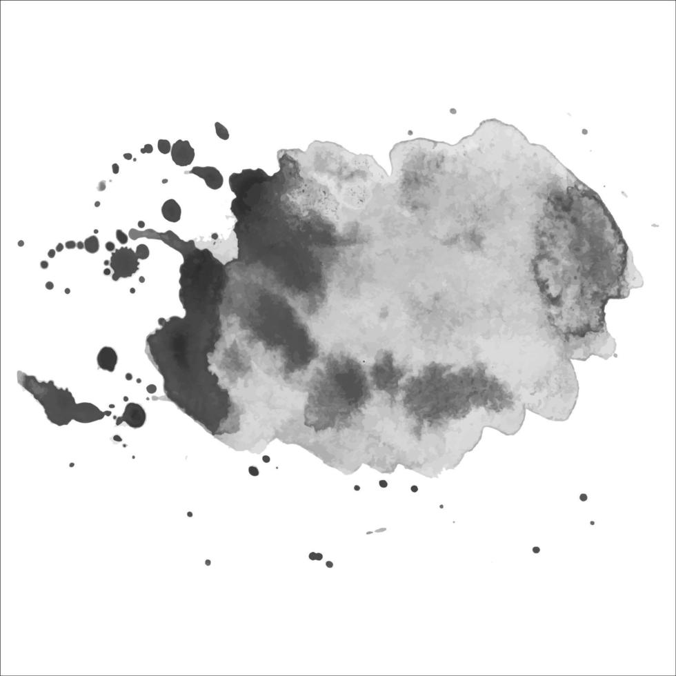 Gray watercolor spot with droplets, smudges, stains, splashes. Grayscale blot in grunge style. vector