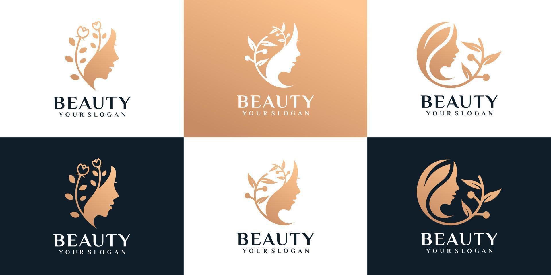 Set of beauty golden woman face with nature spa fashion boutique concept vector