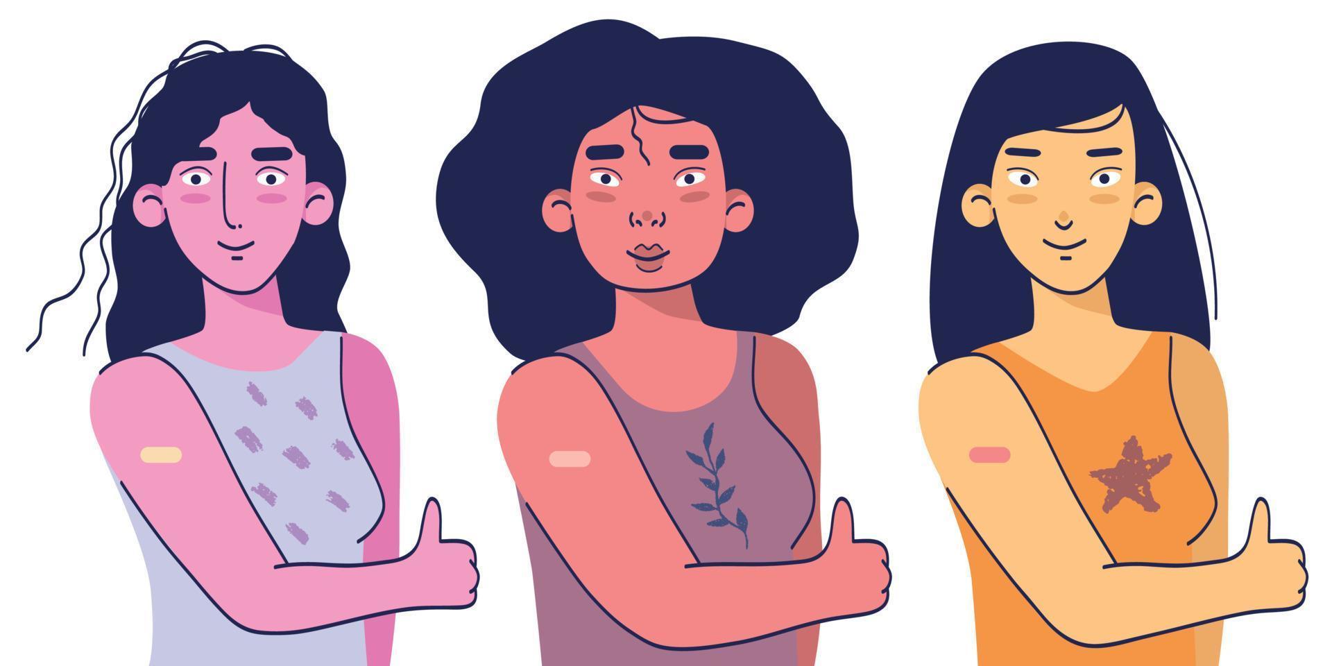 mujeres después de recibir la vacuna. ilustración de dibujos animados de vector plano multicultural.