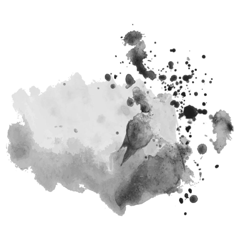 Gray watercolor spot with droplets, smudges, stains, splashes. Grayscale blot in grunge style. vector