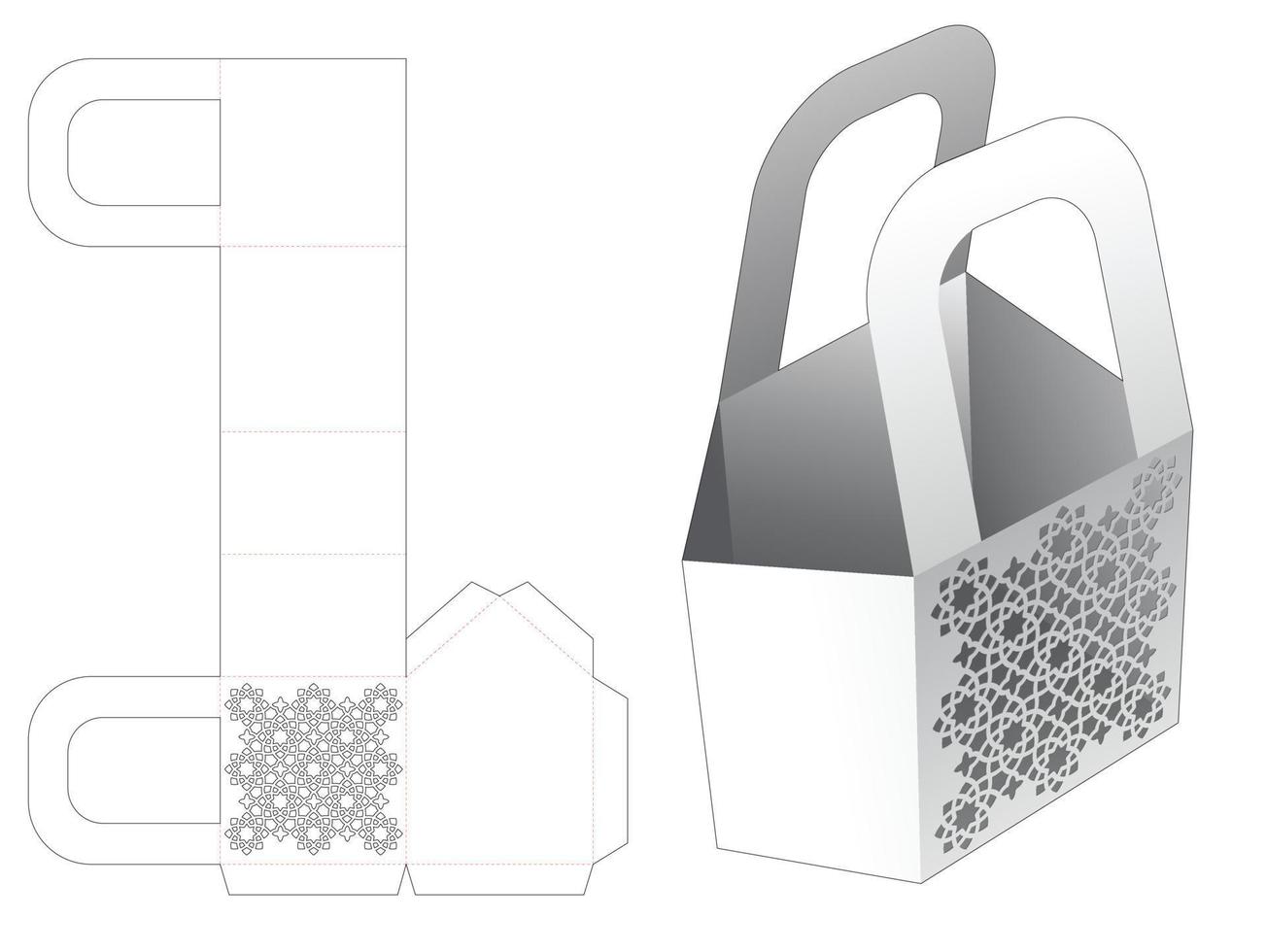 Handle chamfered bag with stenciled pattern die cut template and 3D mockup vector