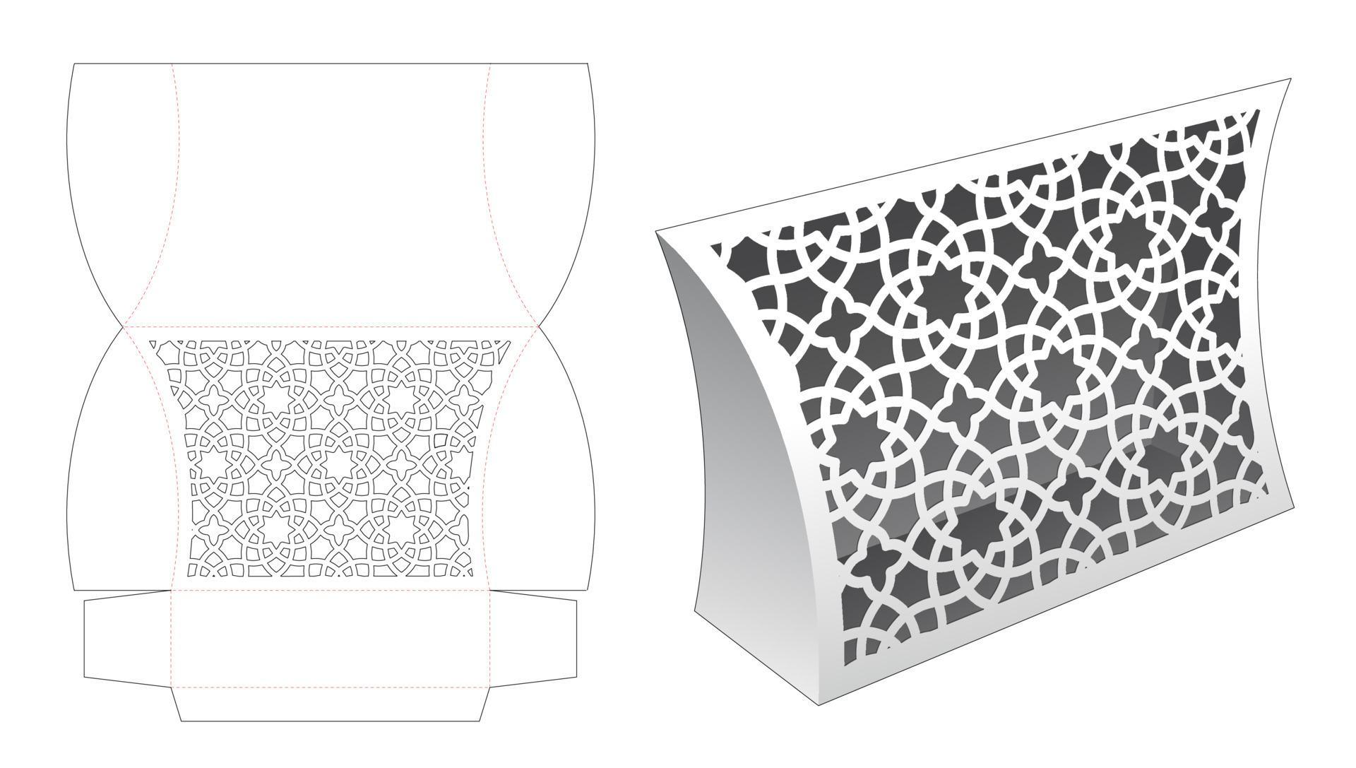 Stenciled pattern pillow box die cut template and 3D mockup 8553504