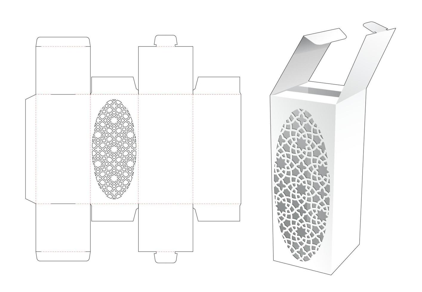 2 flips box with stenciled pattern window die cut template and 3D mockup vector