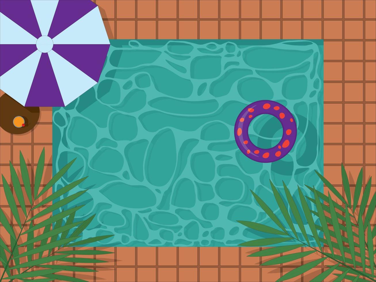 Hotel swimming pool, sun umbrella and swimming ring view from above vector illustration