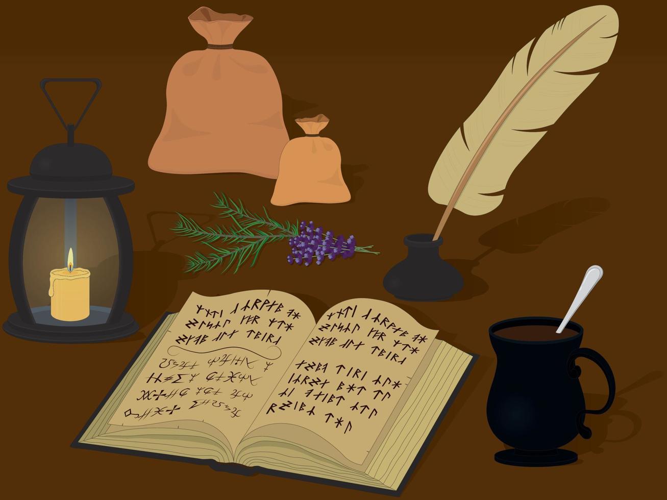 Witchcraft and alchemy items collection on table vector illustration