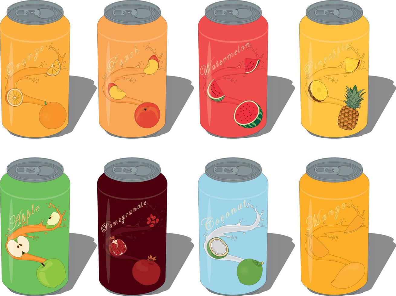 Soft drinks, fruit juice collection in aluminium drink cans vector illustration