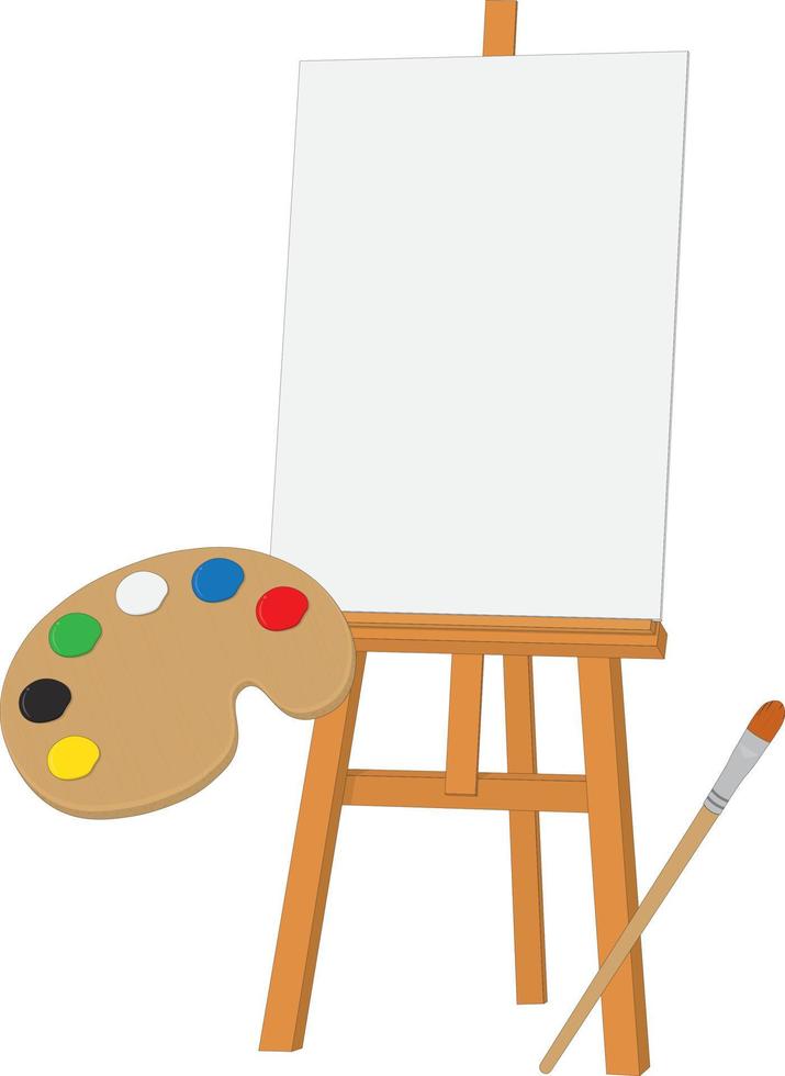 Copy space frame, easel with empty painting canvas, palette and brush vector illustration