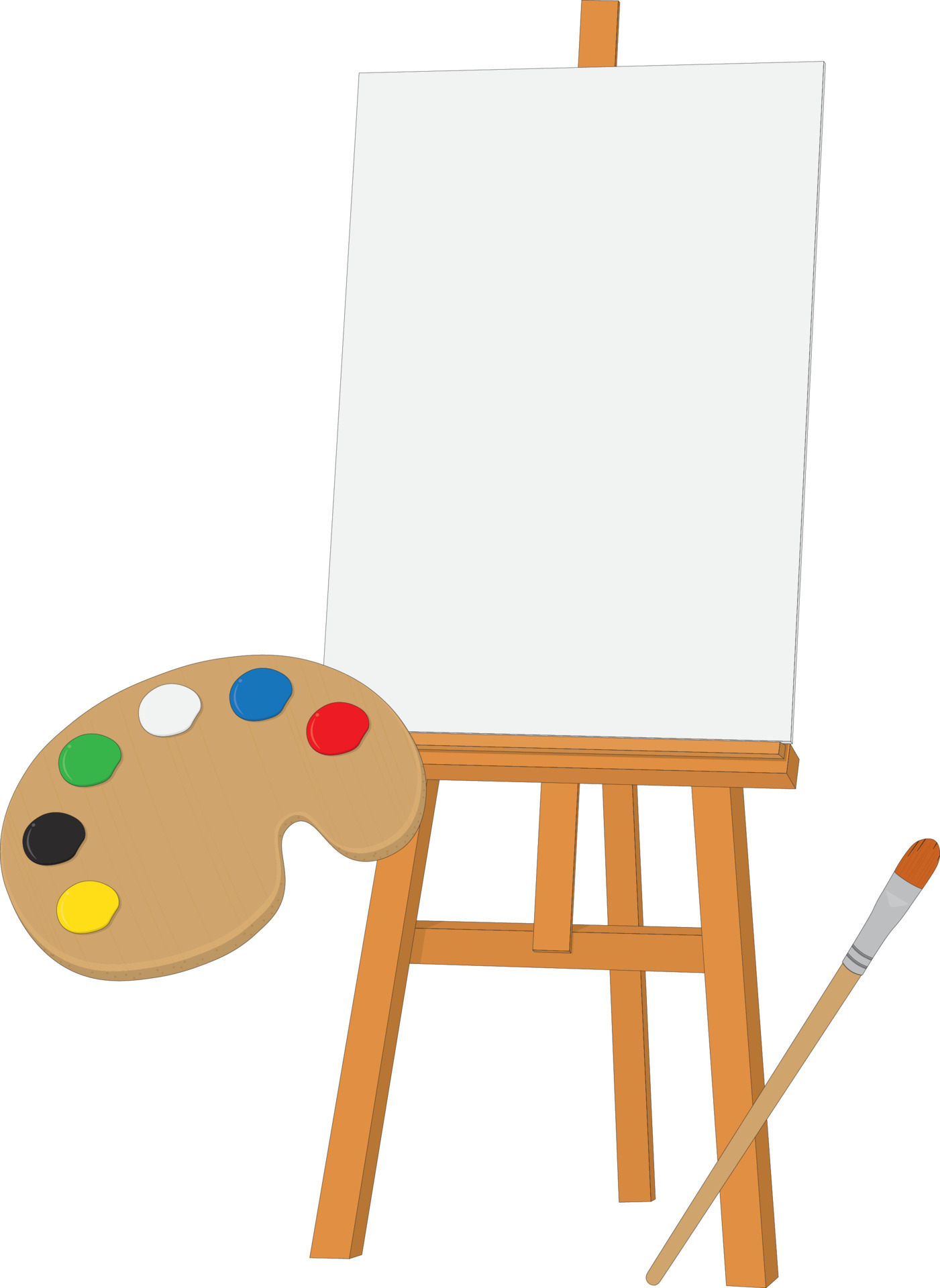 Copy space frame, easel with empty painting canvas, palette and brush ...