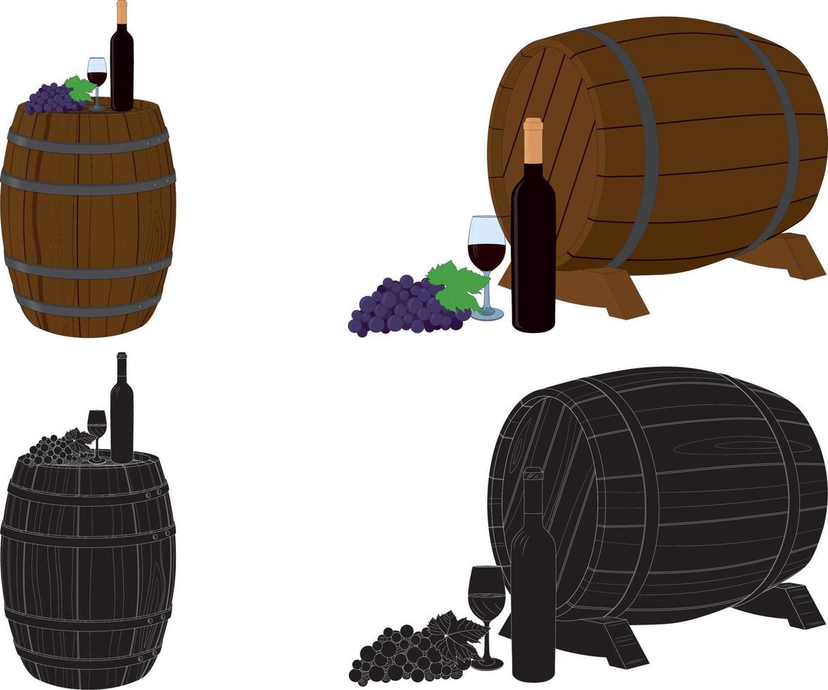 composiciones en color y en blanco y negro, vino tinto en botella y vidrio, barril de vino y racimo de uvas ilustración vectorial vector