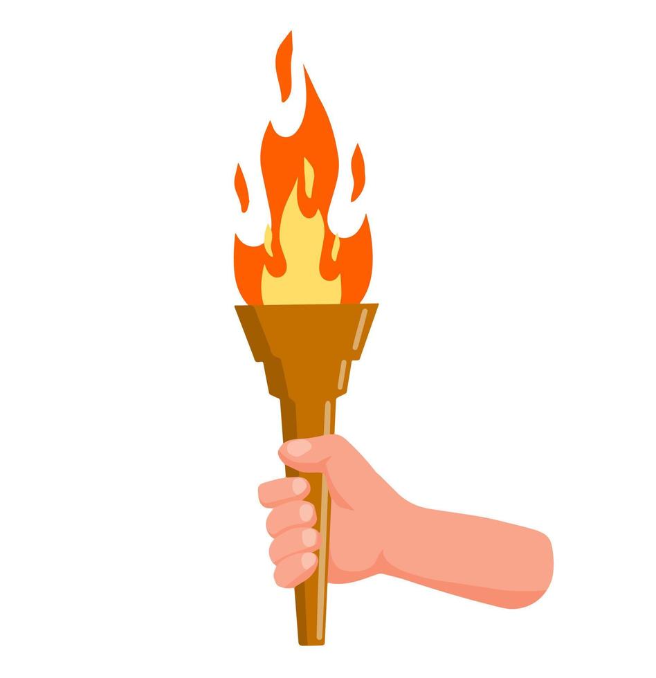 antorcha con fuego y llama. símbolo griego de las competiciones deportivas. el concepto de luz y conocimiento. ilustración de dibujos animados plana vector
