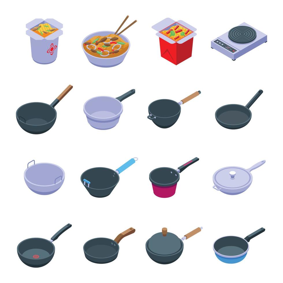 Wok frying pan icons set, isometric style vector