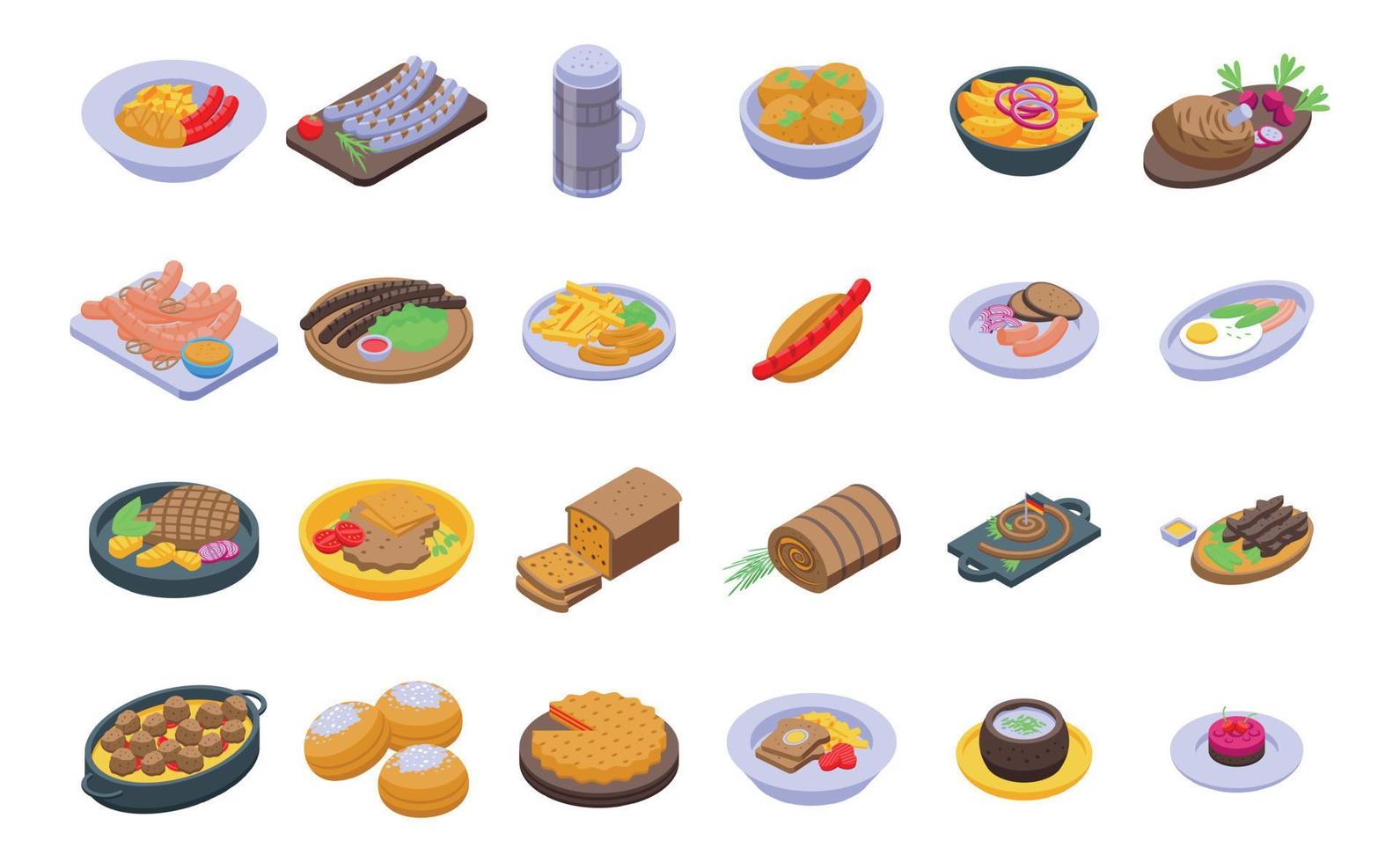 German cuisine icons set isometric vector. Cafe sausage vector