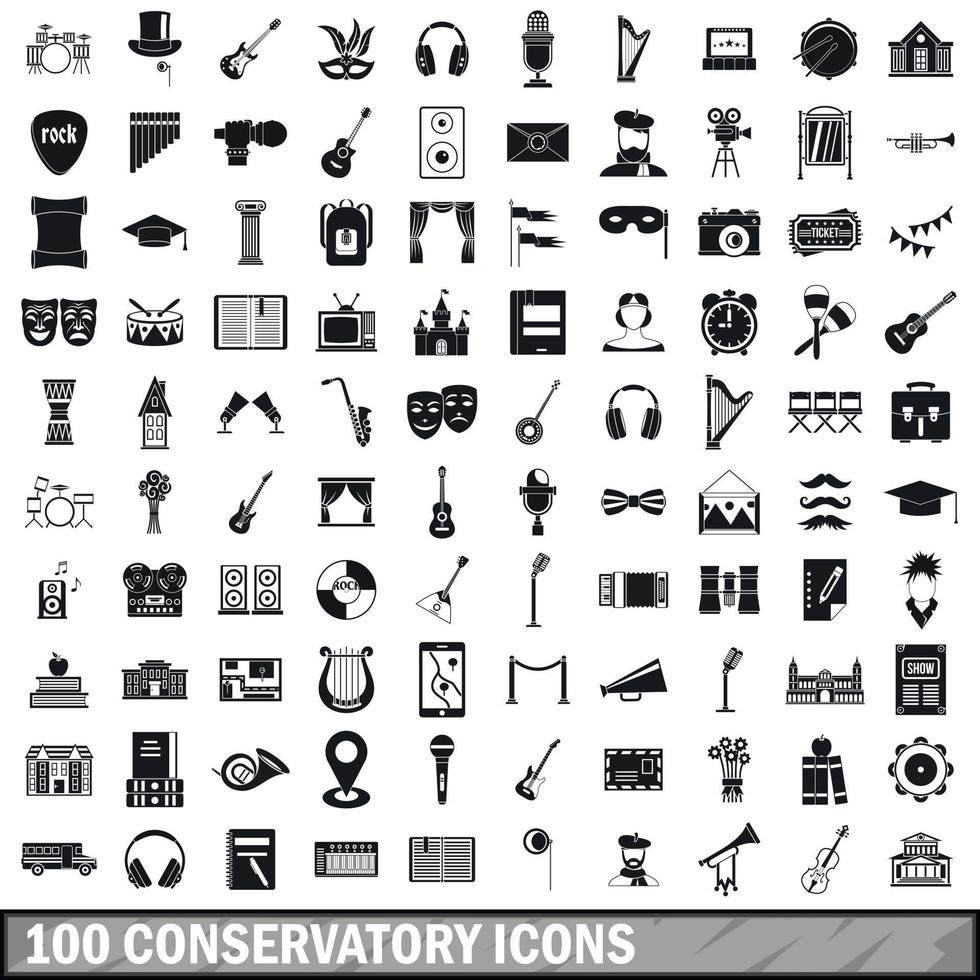 100 conjunto de iconos de conservatorio, estilo simple vector