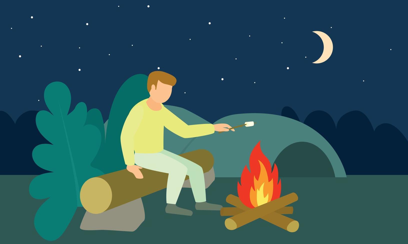 Boy at night cook marshmallow concept banner, flat style vector