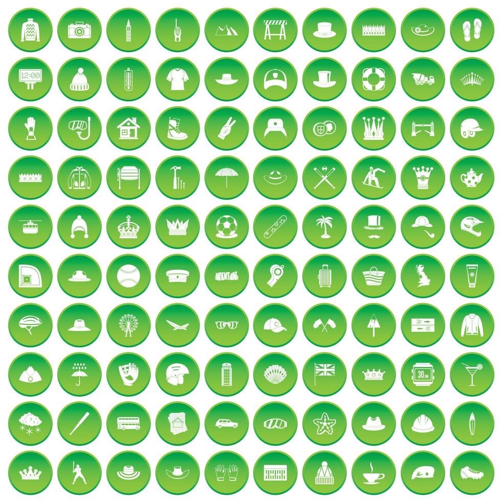 100 iconos de sombrero en círculo verde vector