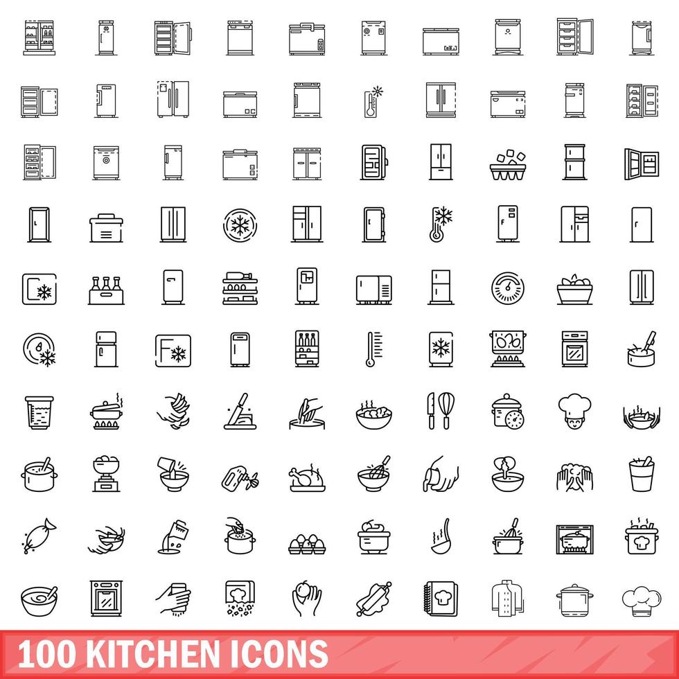 100 kitchen icons set, outline style vector