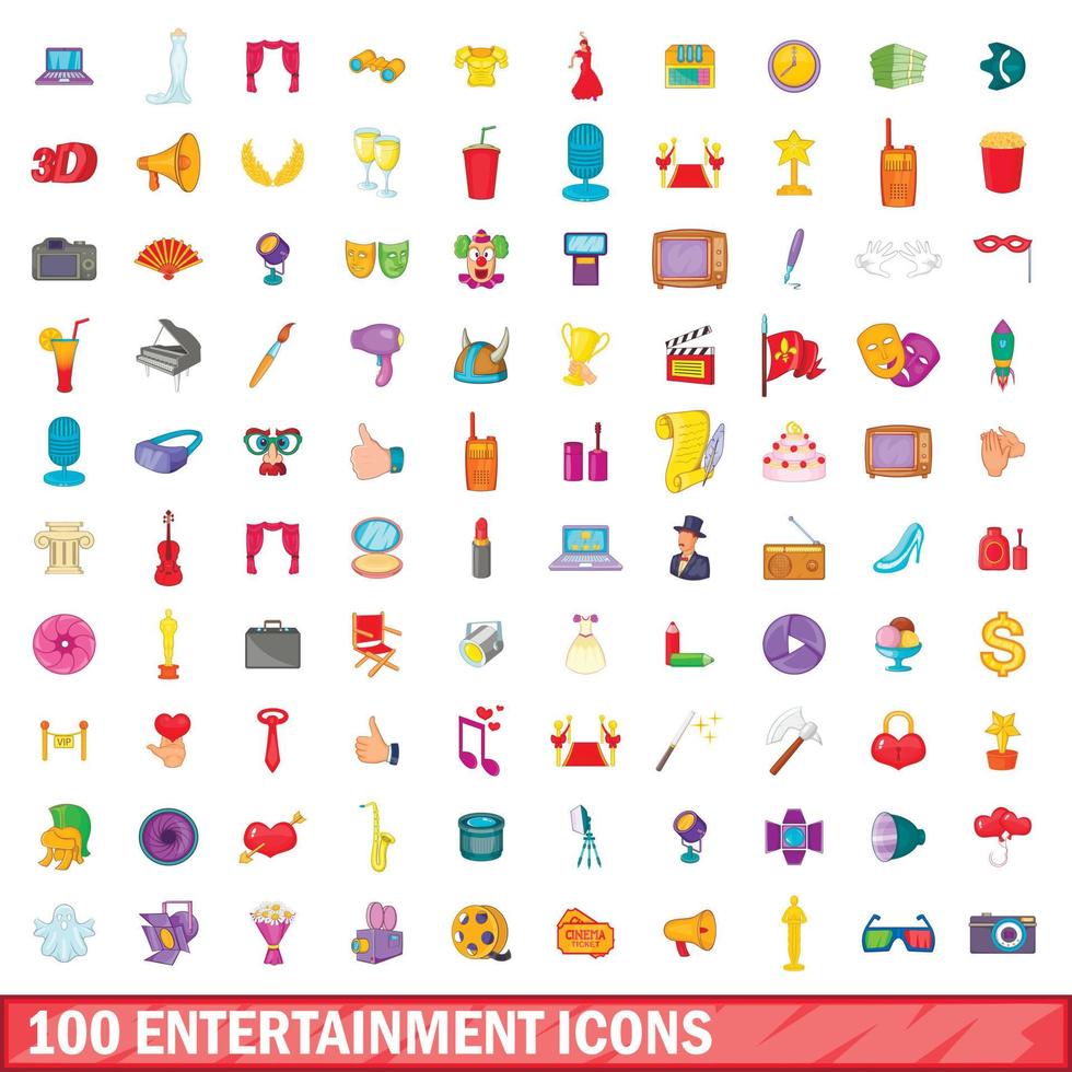 100 entertainment icons set, cartoon style vector