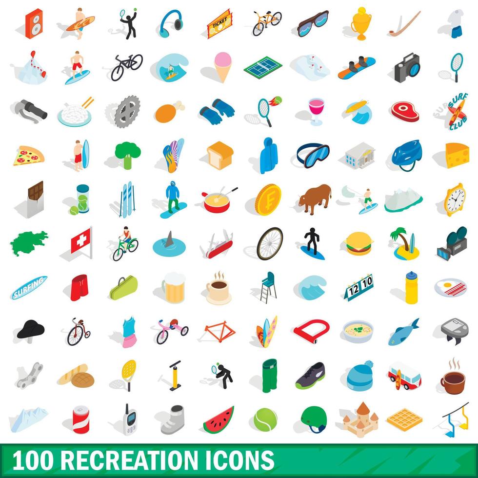 100 recreation icons set, isometric 3d style vector