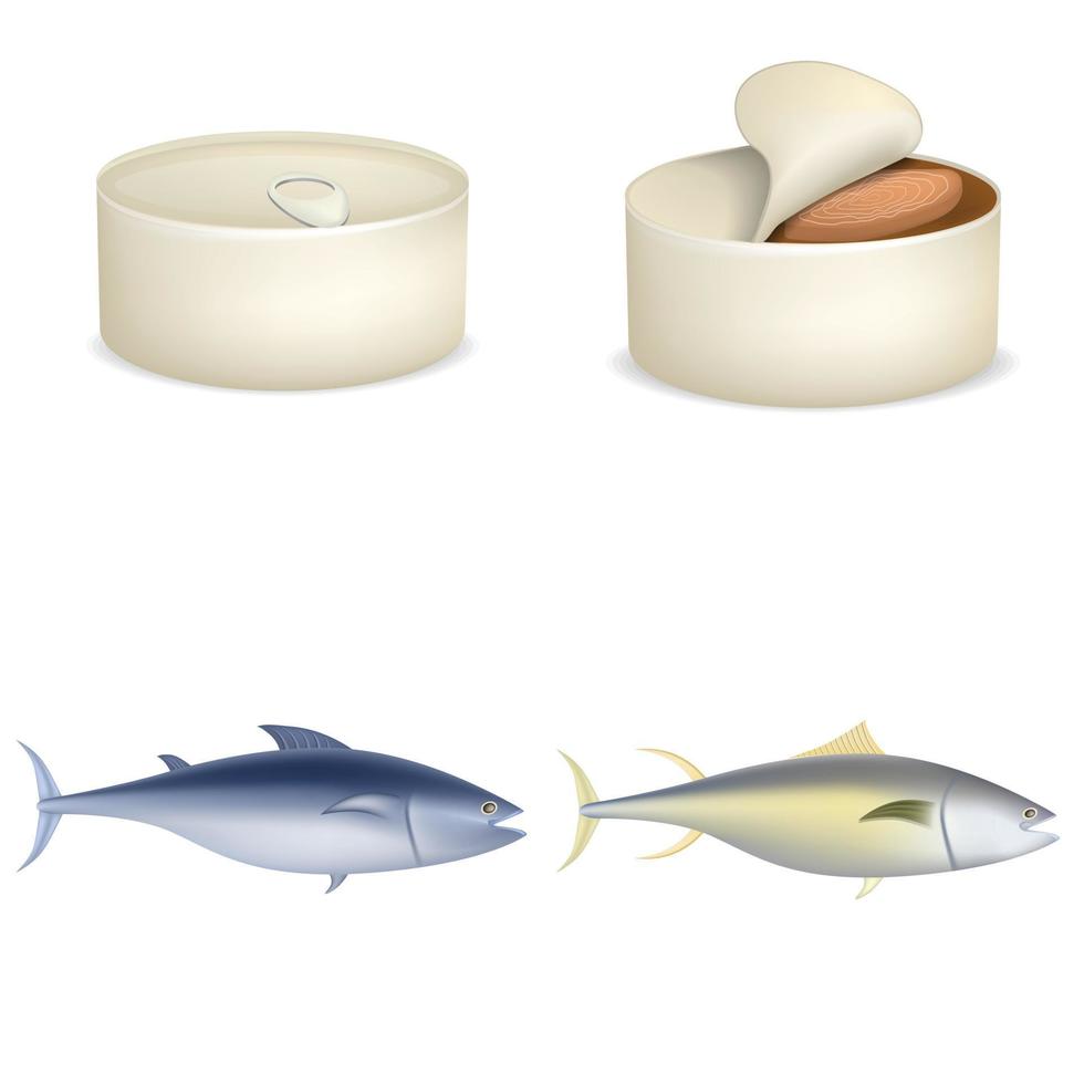 Tuna fish can steak icons set, realistic style vector