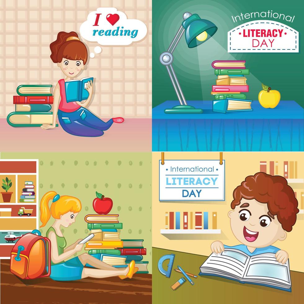 Literacy Day book banner set, cartoon style vector