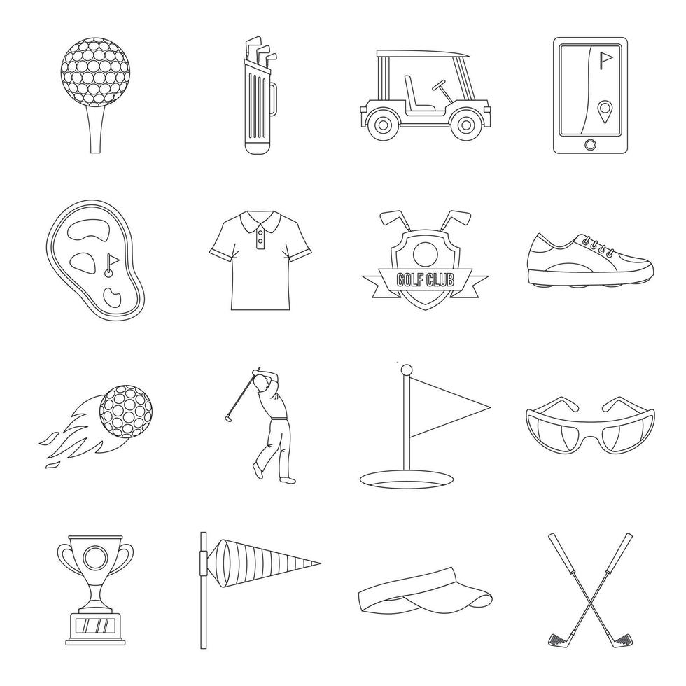 conjunto de iconos de artículos de golf, estilo de esquema vector