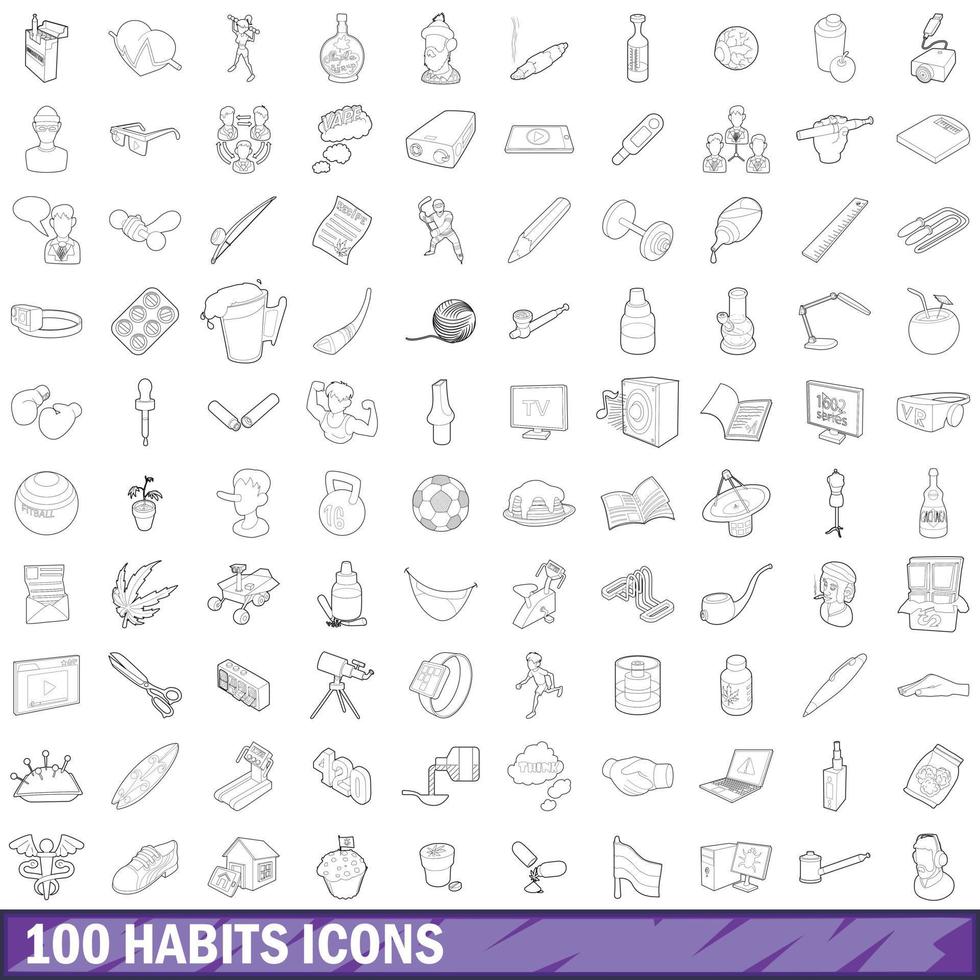 100 hábitos, conjunto de iconos de estilo de esquema vector