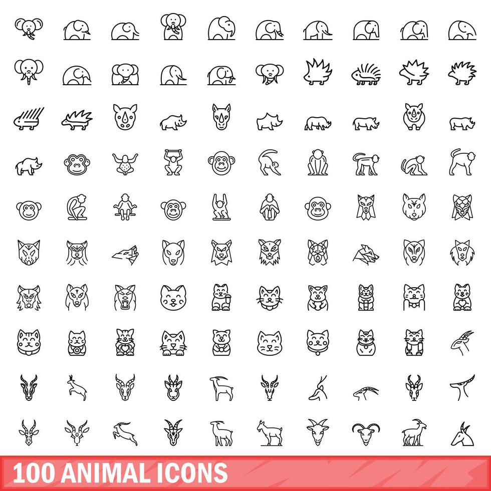 100 animal icons set, outline style vector