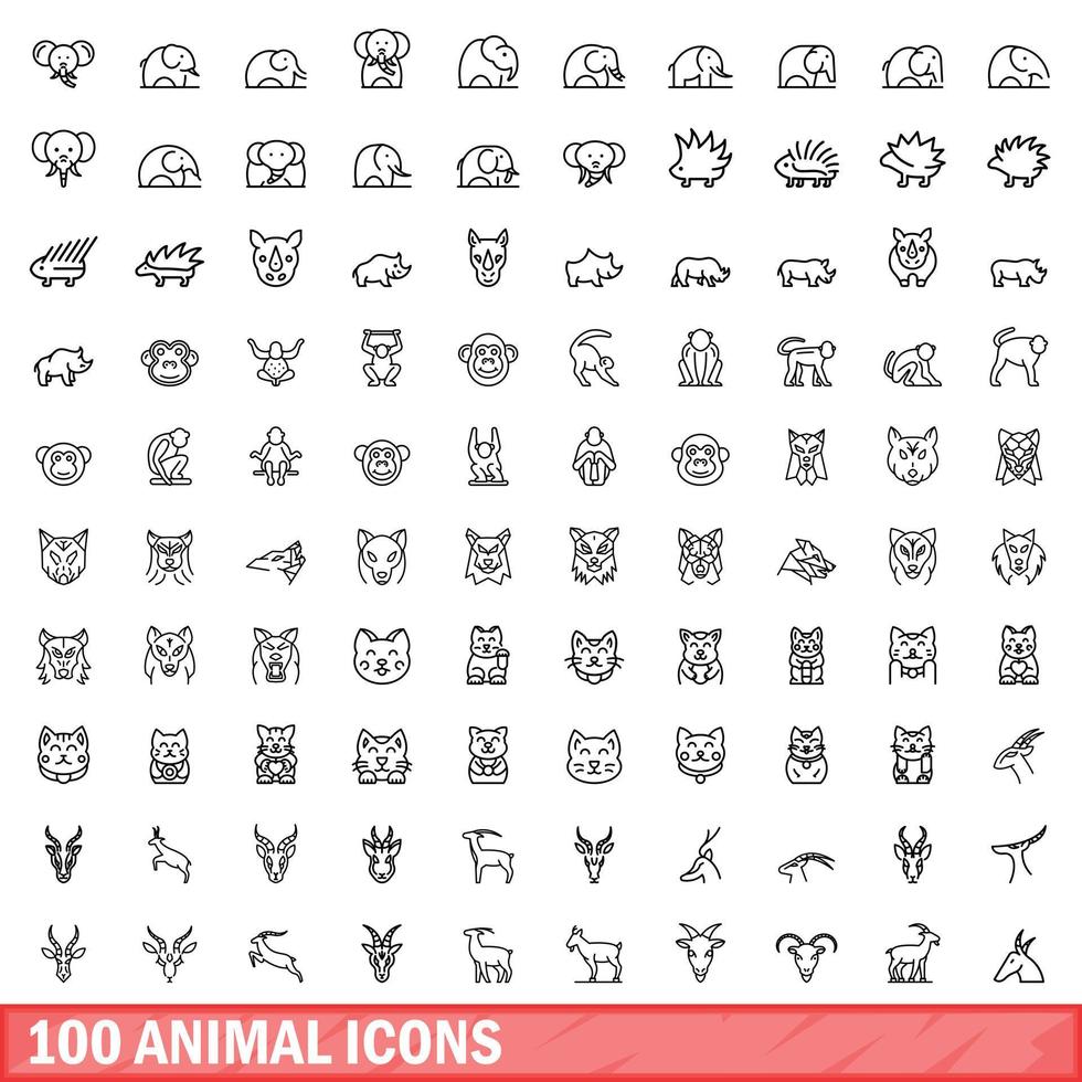 100 iconos de animales, estilo de esquema vector