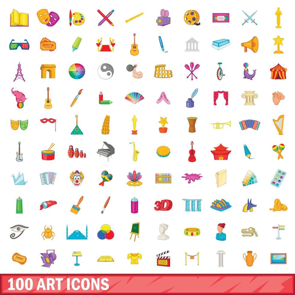 100 art icons set, cartoon style vector