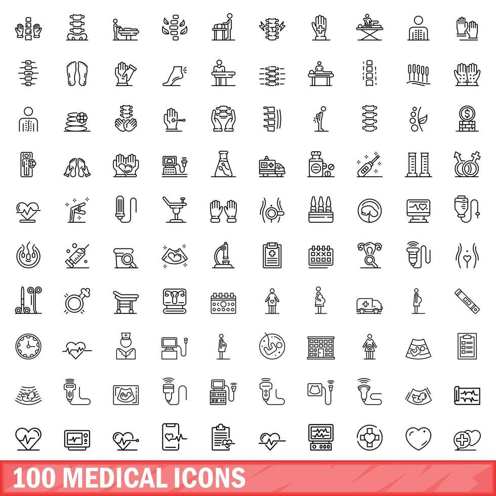100 medical icons set, outline style vector