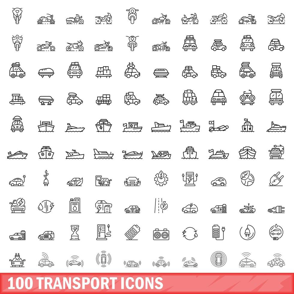 100 transport icons set, outline style vector