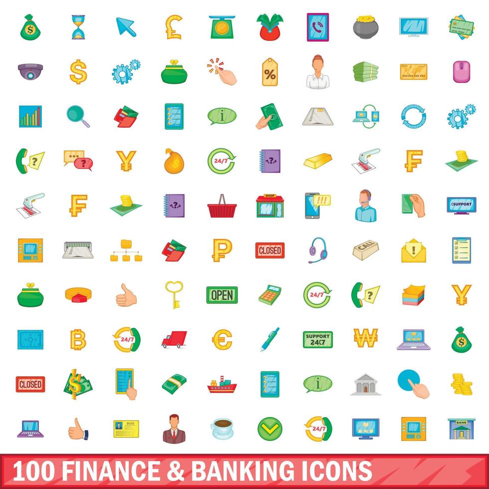 100 finanzas y banca, conjunto de iconos de estilo de dibujos animados vector