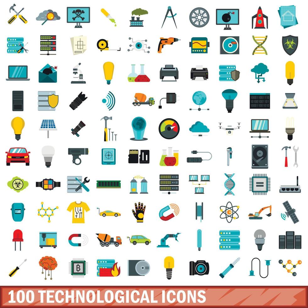 100 iconos tecnológicos, estilo plano vector