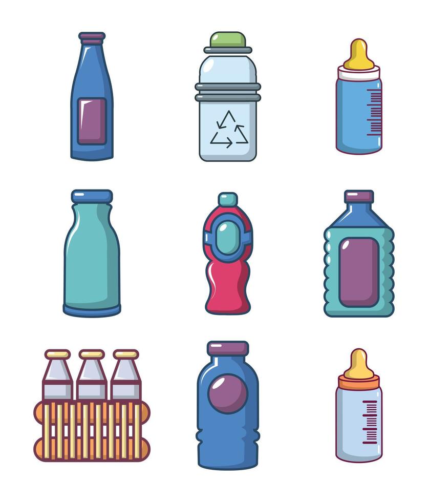 Plastic bottle icon set, cartoon style vector