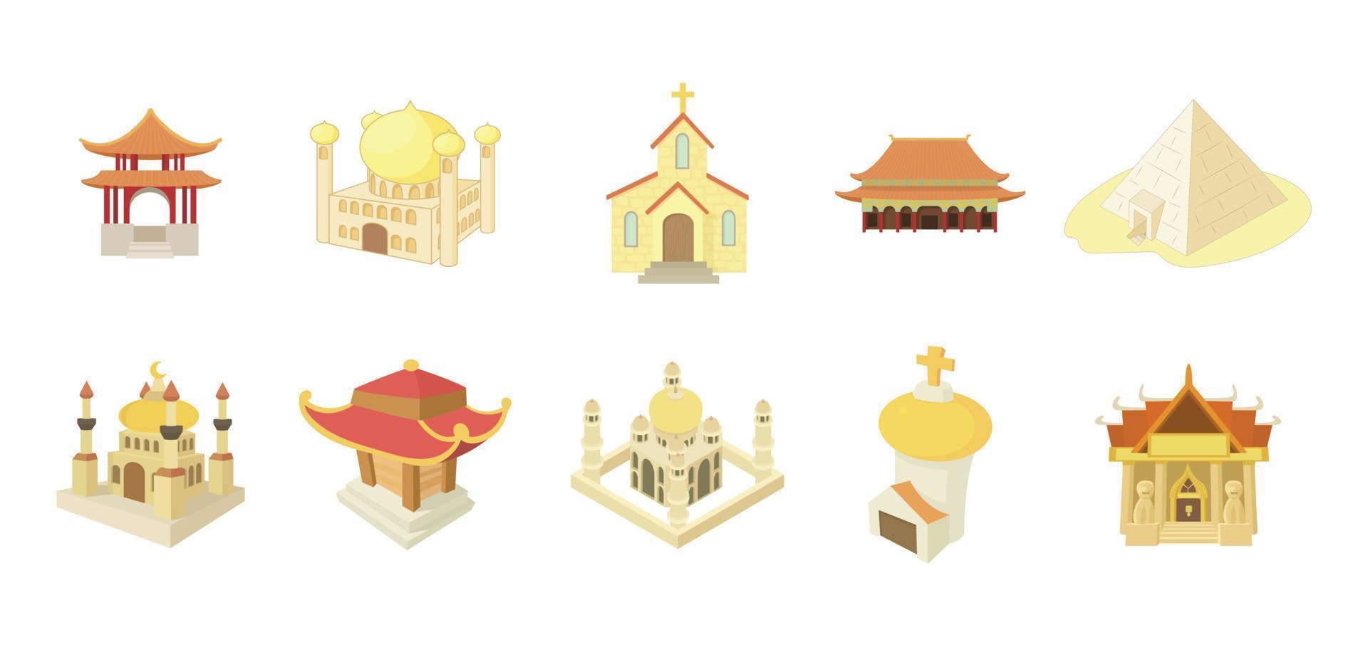 Temple icon set, cartoon style vector