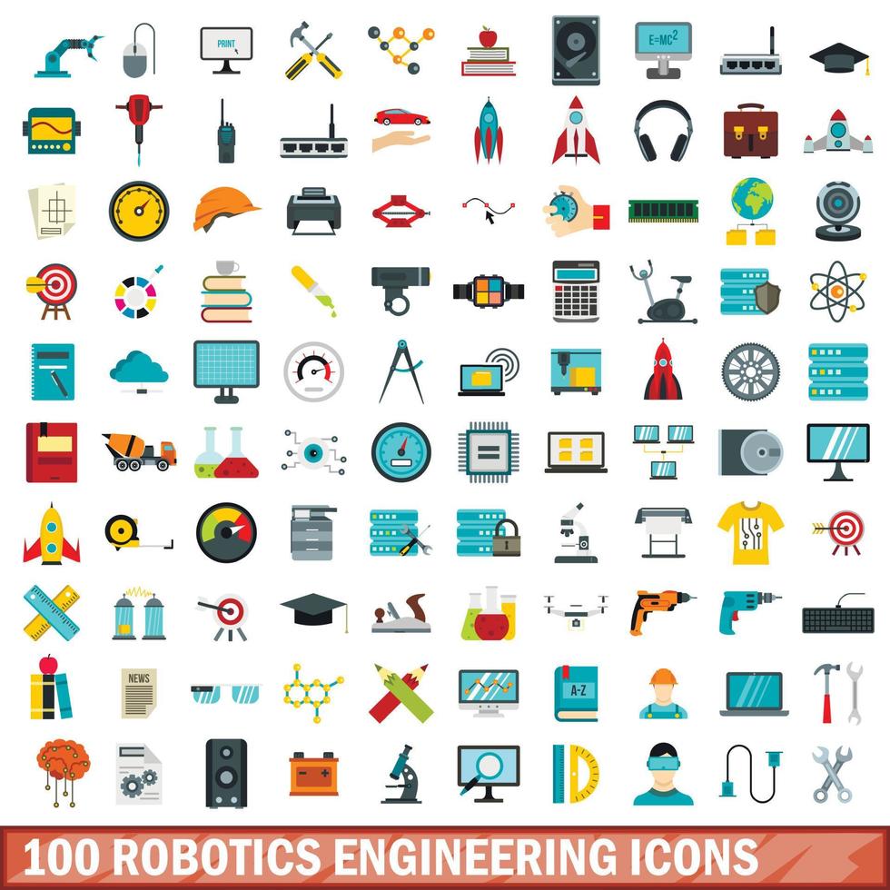 100 robotics engineering icons set, flat style vector