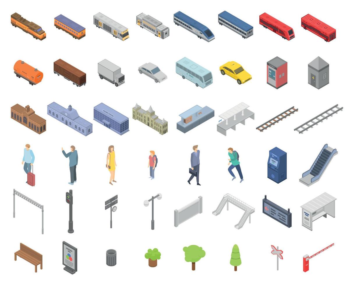 Railway station icons set, isometric style vector