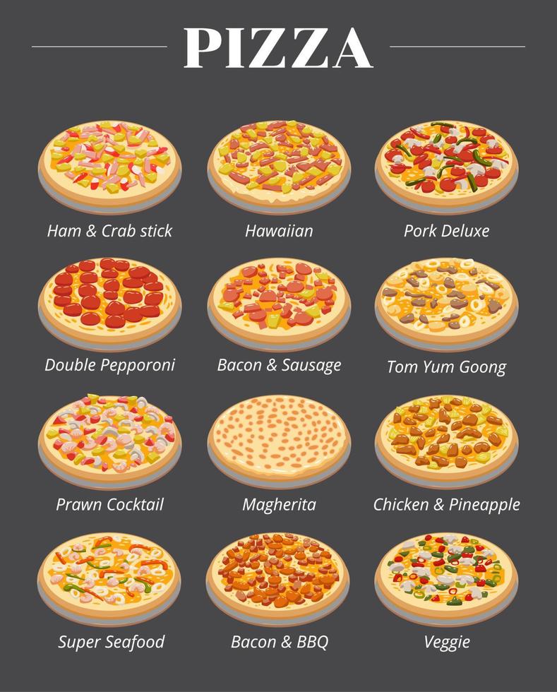 menú de pizza set colección diseño gráfico vector